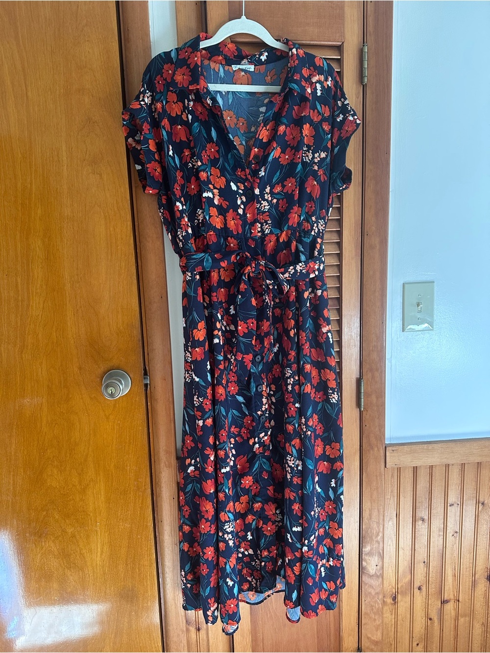 Calvin Klein Navy Midi Dress with Red Floral Print